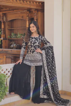 Black Faux Blooming Sequins & Zari Embroidered Readymade Gharara Suit Set