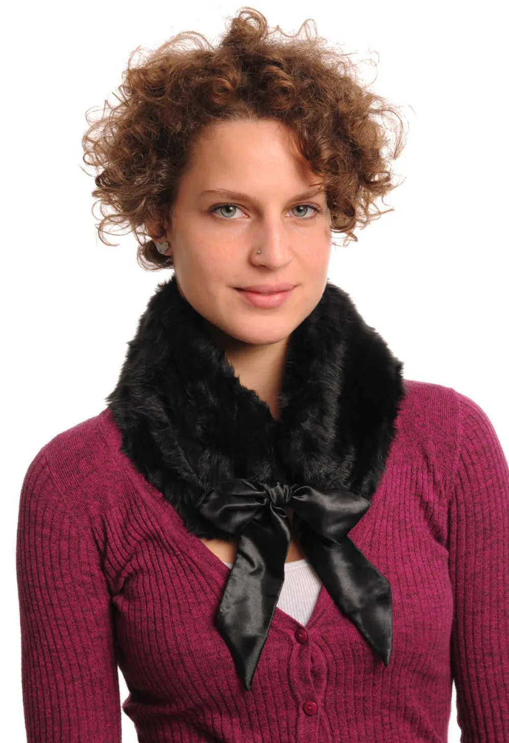 Black Faux Fur Collar With Satin Bow Collar Scarf