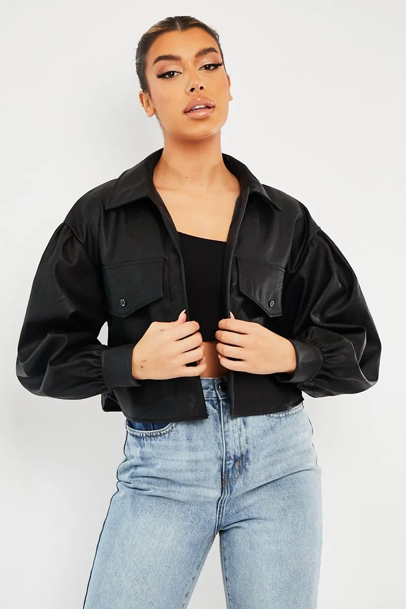 Black Faux Leather Cropped Shacket - Ivyana