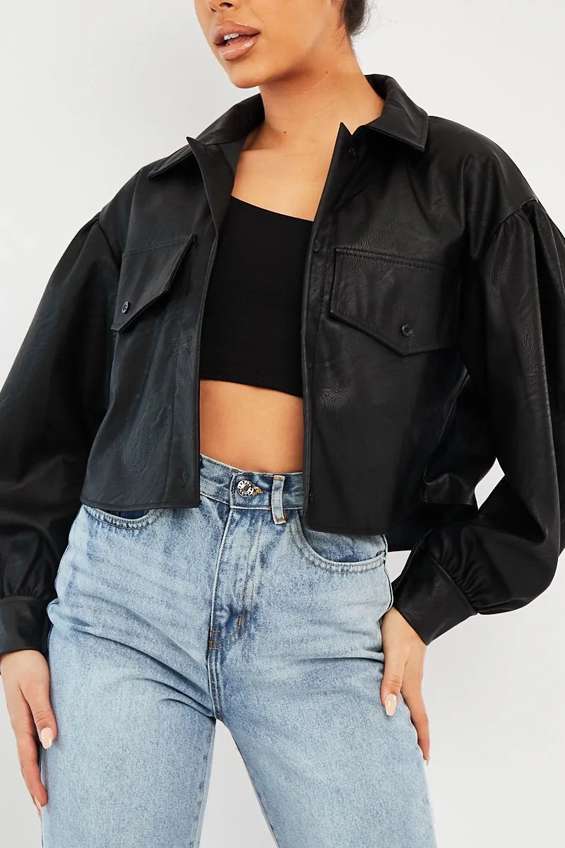 Black Faux Leather Cropped Shacket - Ivyana