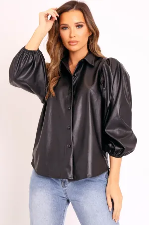 Black Faux Leather Puff Sleeve Shirt - Candace