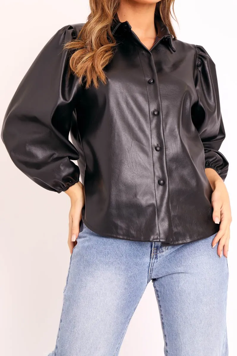 Black Faux Leather Puff Sleeve Shirt - Candace