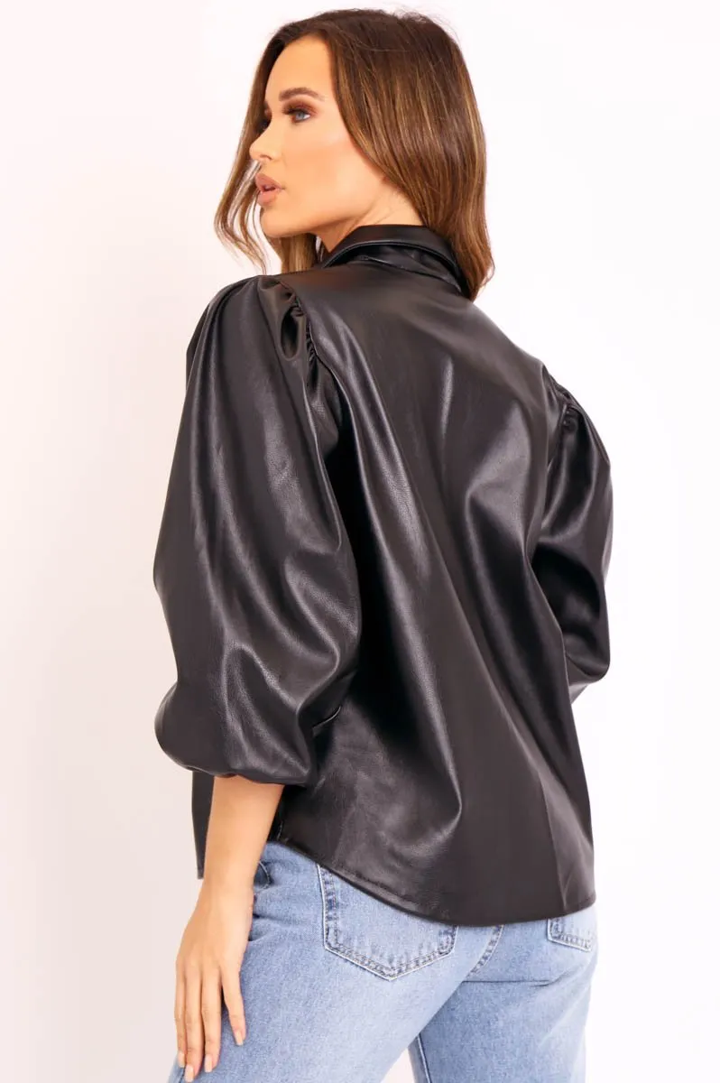 Black Faux Leather Puff Sleeve Shirt - Candace