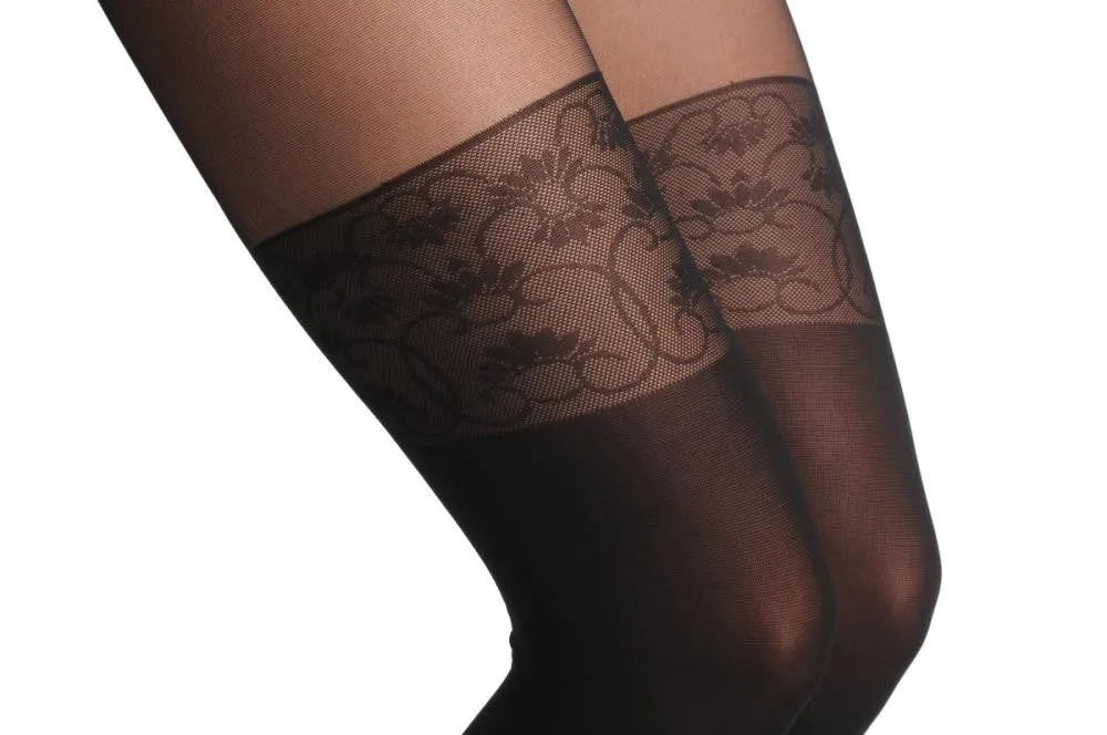 Black Faux Stockings With Floral Woven Lace Top 60 Den