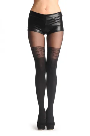 Black Faux Stockings With Floral Woven Lace Top 60 Den