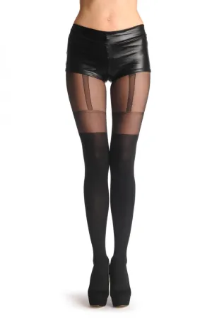 Black Faux Suspender Tights With Meshed Top 60 Den