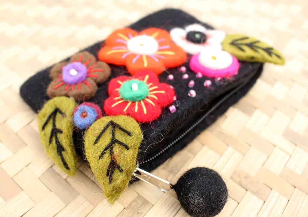 Black Felt Coin Purse Decorated with Sunflower & Beads