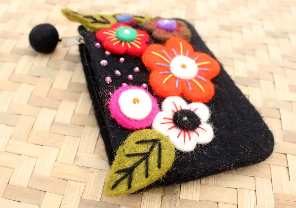 Black Felt Coin Purse Decorated with Sunflower & Beads