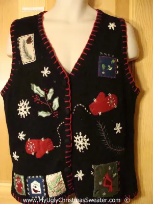 Black Festive Christmas Sweater Vest with Mittens and Trimming