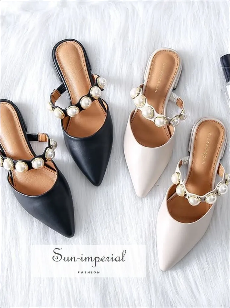 Black Flats Pointed Slides with Pearl Band Low Heel Slippers