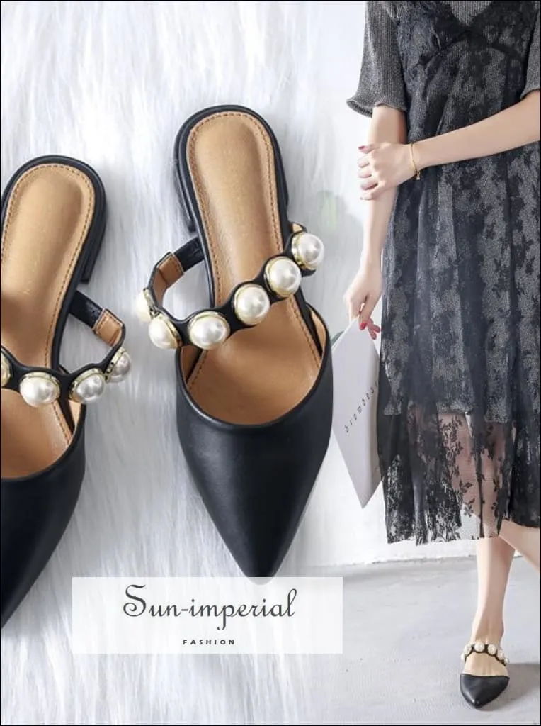 Black Flats Pointed Slides with Pearl Band Low Heel Slippers