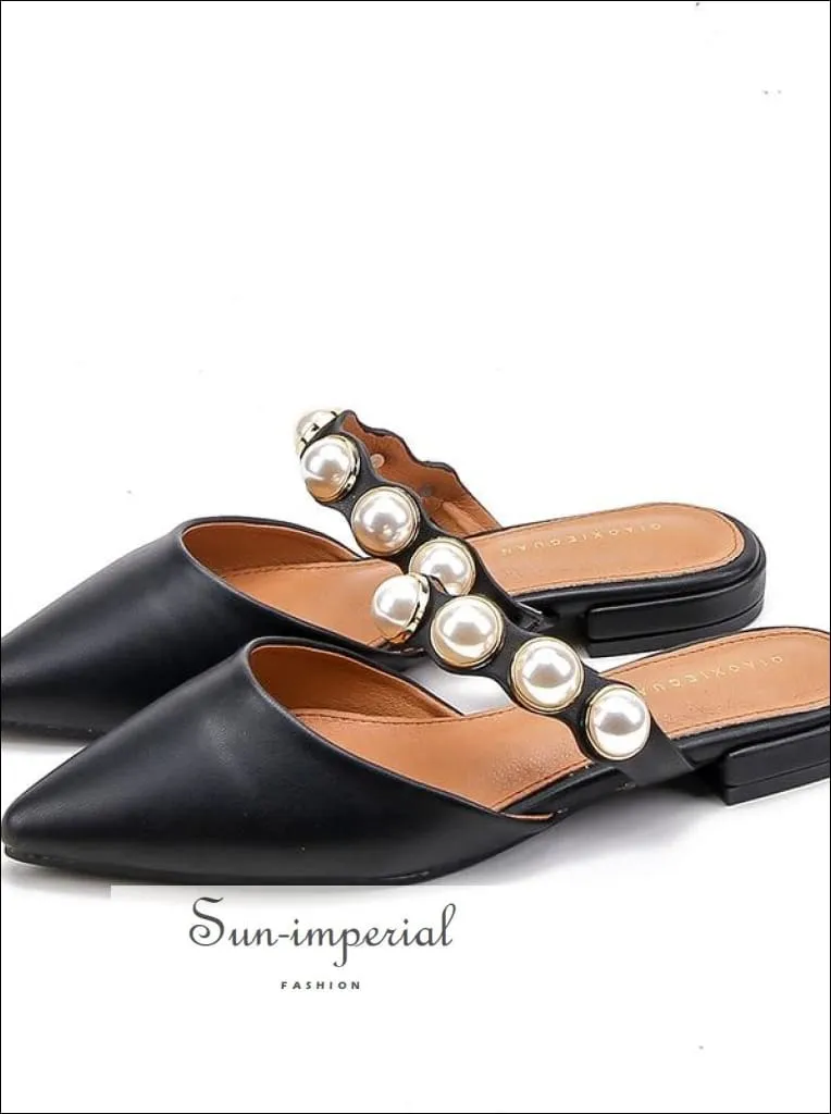 Black Flats Pointed Slides with Pearl Band Low Heel Slippers