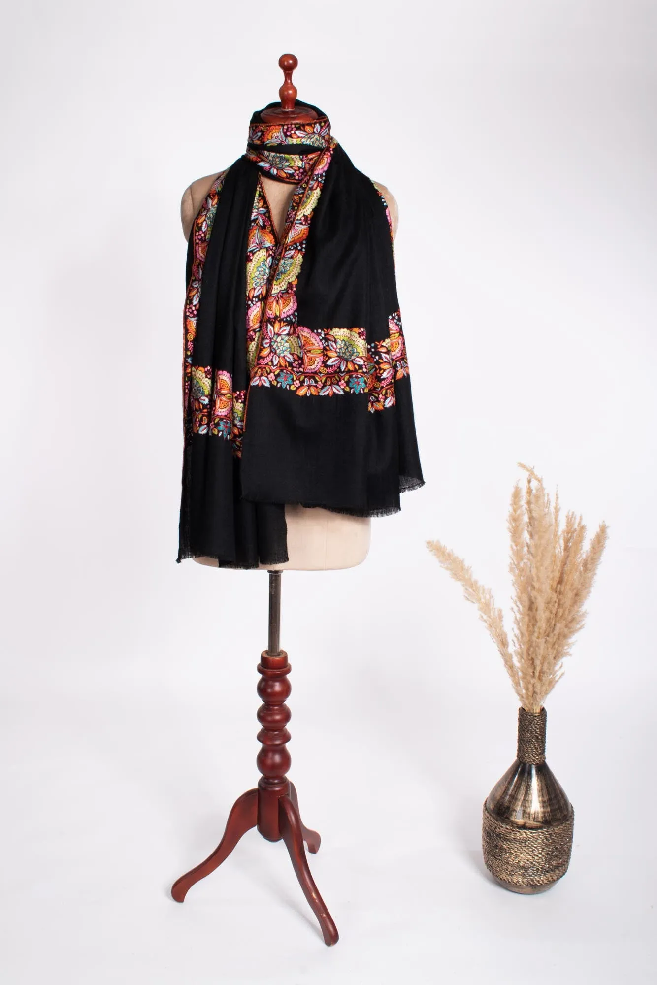 Black Floral Embroidered Pashmina Shawl - MARION