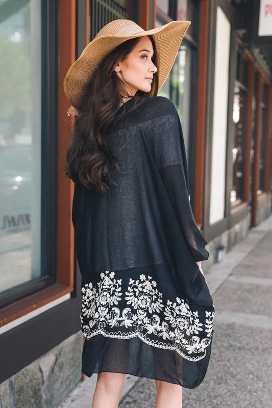 Black Floral Embroidered Sheer Kimono Wrap Boho One Size Womens