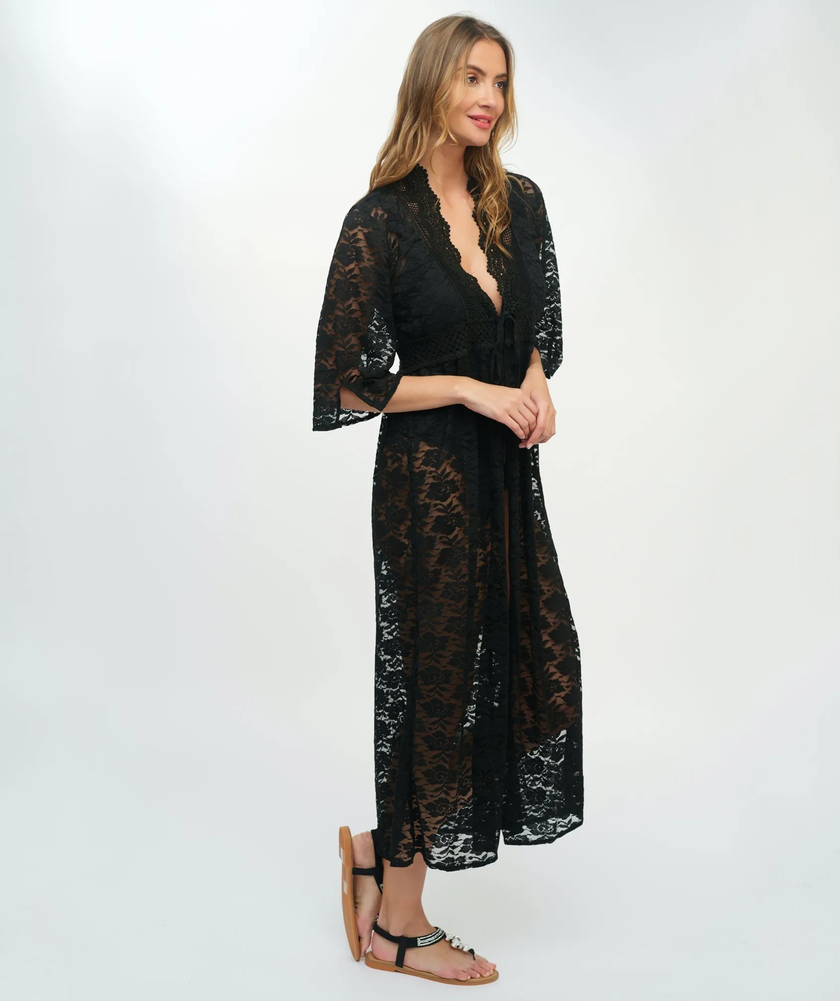 Black Floral Lace Kimono with Sheer Sleeves and Waist Tie