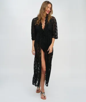 Black Floral Lace Kimono with Sheer Sleeves and Waist Tie