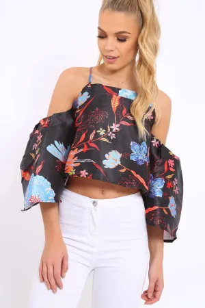 Black Floral Print Bell Sleeve Crop Top - Shantall