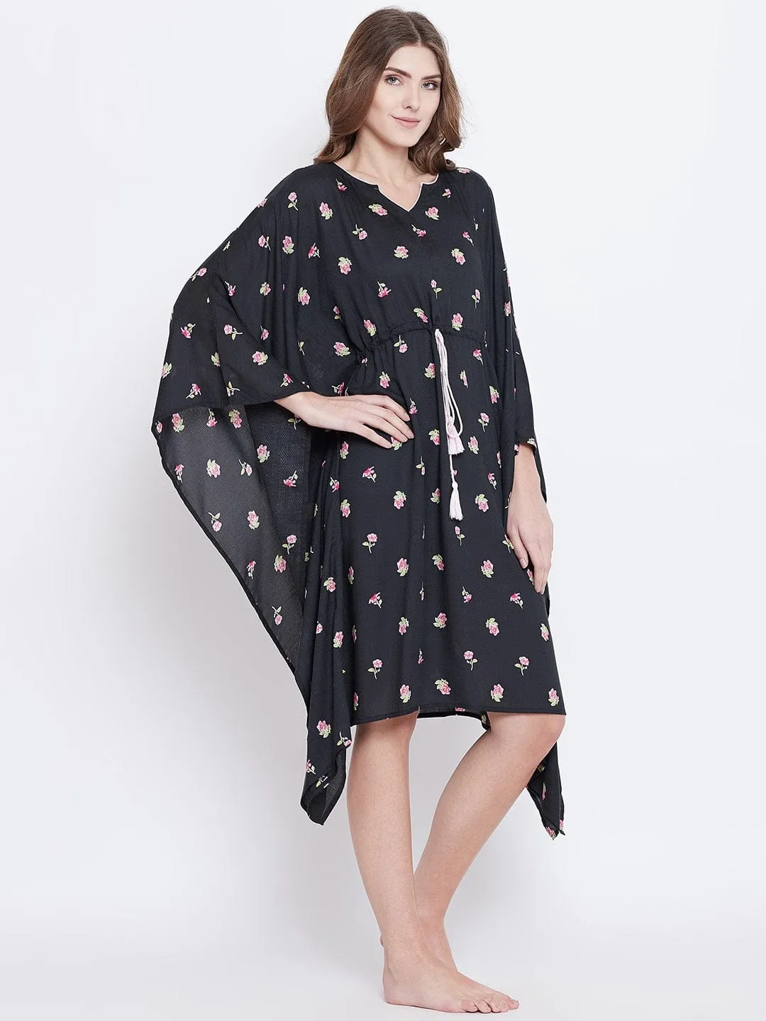 Black Floral Print Loungewear Kaftan