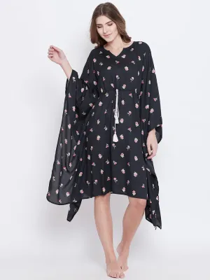 Black Floral Print Loungewear Kaftan