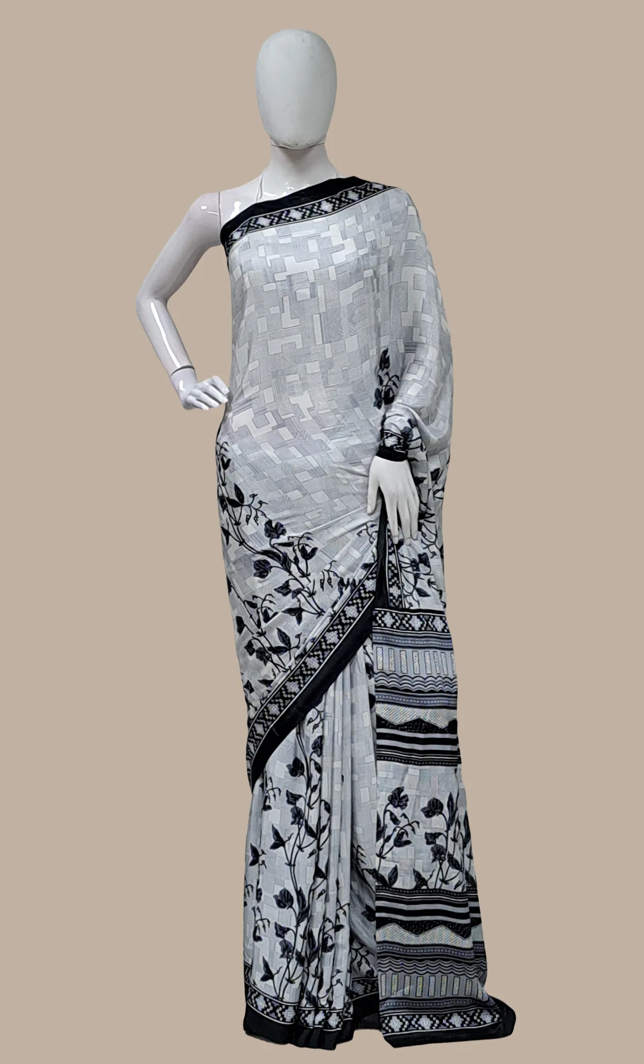 Black Floral Printed Sari