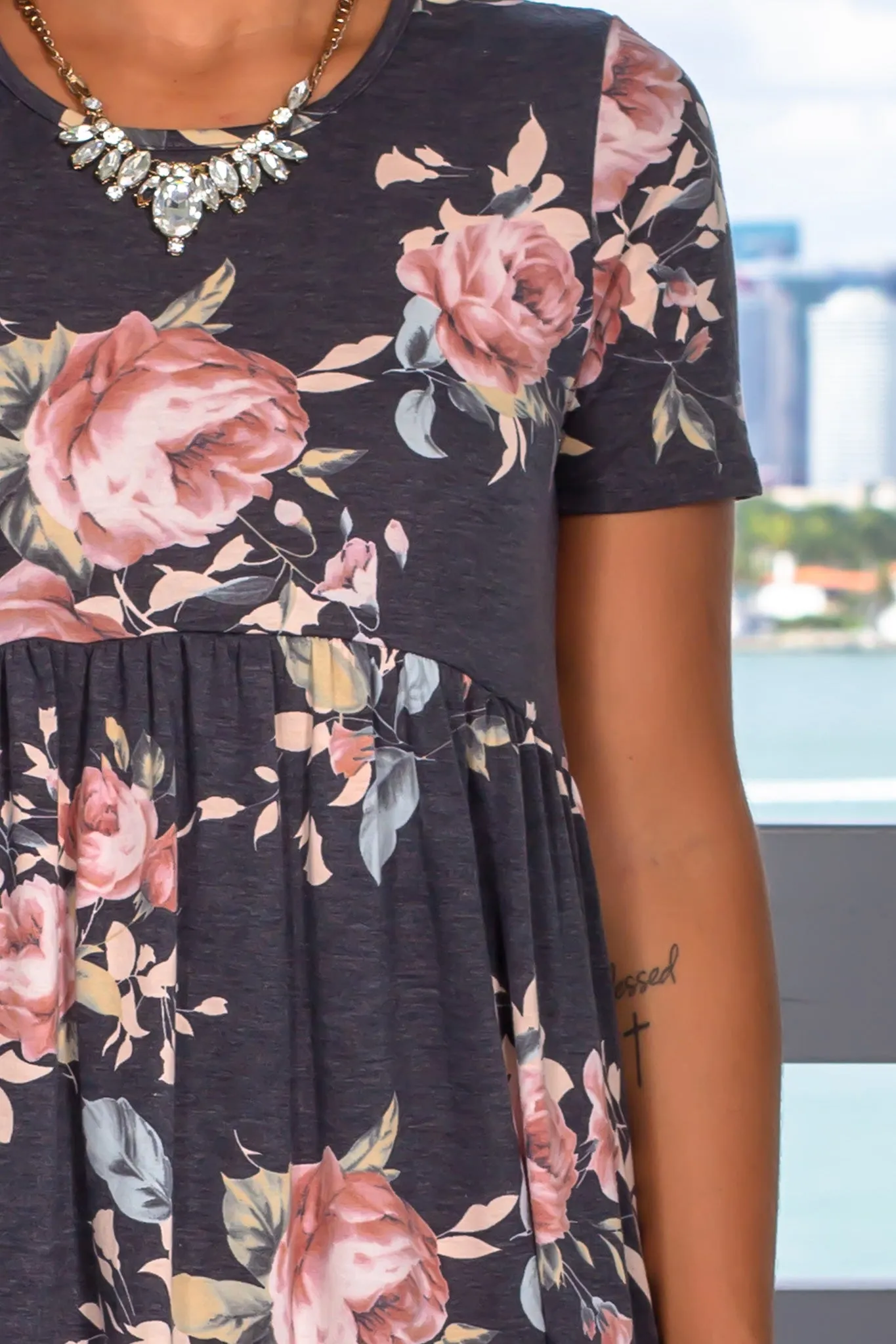 Black Floral Short Dress with Short Sleeves