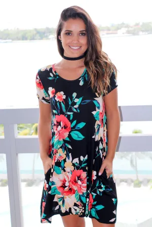 Black Floral Swing Dress with Pockets