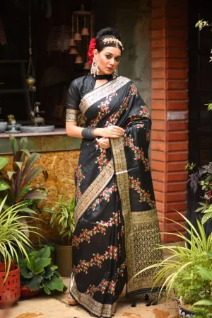 Black Floral Tusser Silk Zari Border Saree