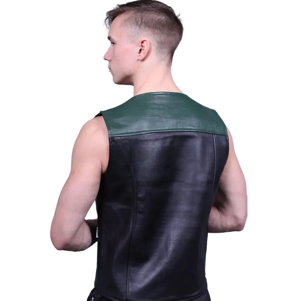 Black Gay Leather Zipper Vest With Green Panels