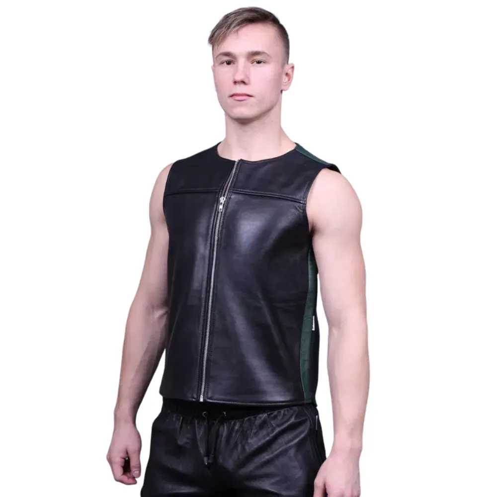 Black Gay Leather Zipper Vest With Green Panels