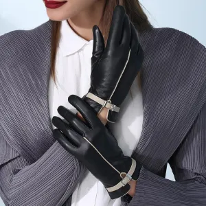 Black Genuine Leather Winter Warm Touchscreen Gloves