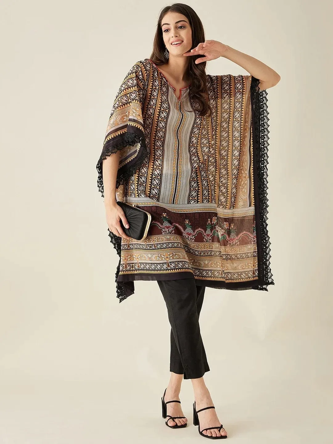 Black Geometric Floral Printed Kaftan Kurta