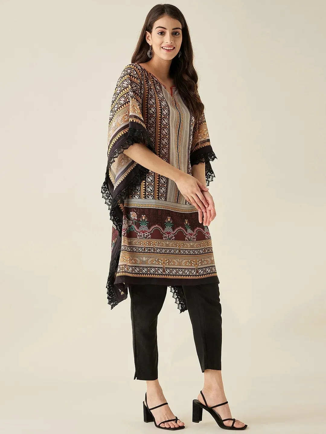 Black Geometric Floral Printed Kaftan Kurta