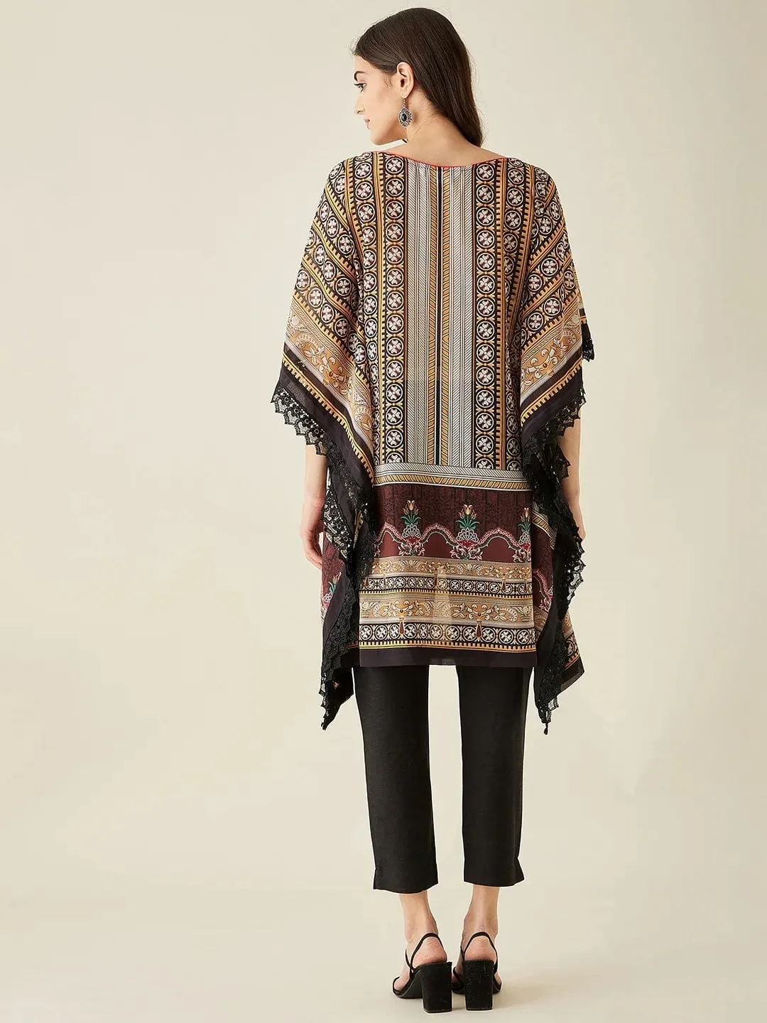 Black Geometric Floral Printed Kaftan Kurta