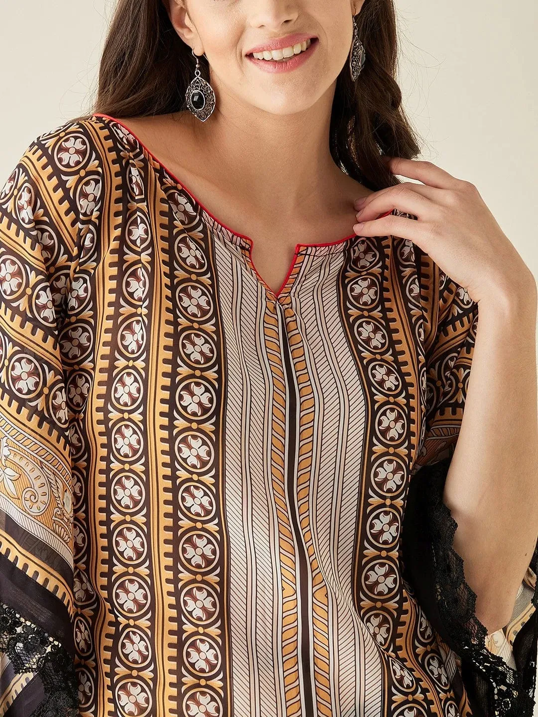 Black Geometric Floral Printed Kaftan Kurta