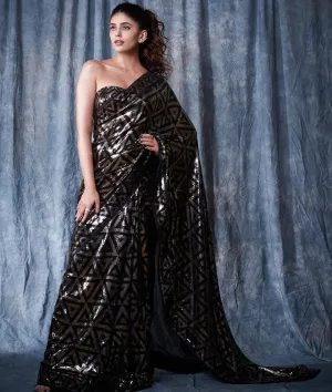 Black Geometric Georgette Heavy Sequins Saree