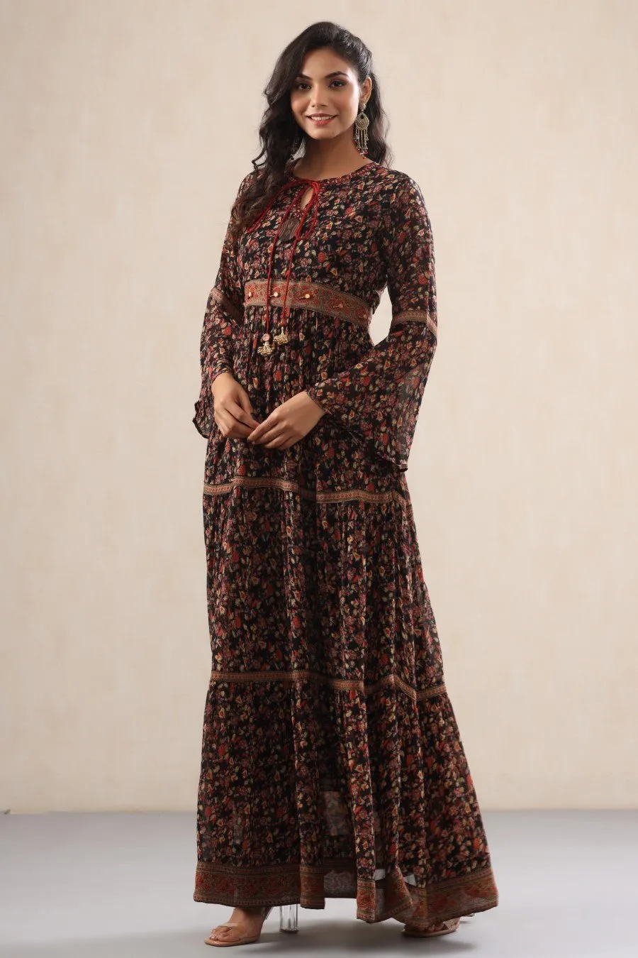 Black Georgette Silk Floral Flare Gown