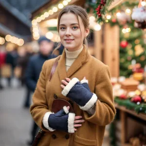 Black Ginger Navy Blue Sheepskin Style Fingerless Gloves - 800-687