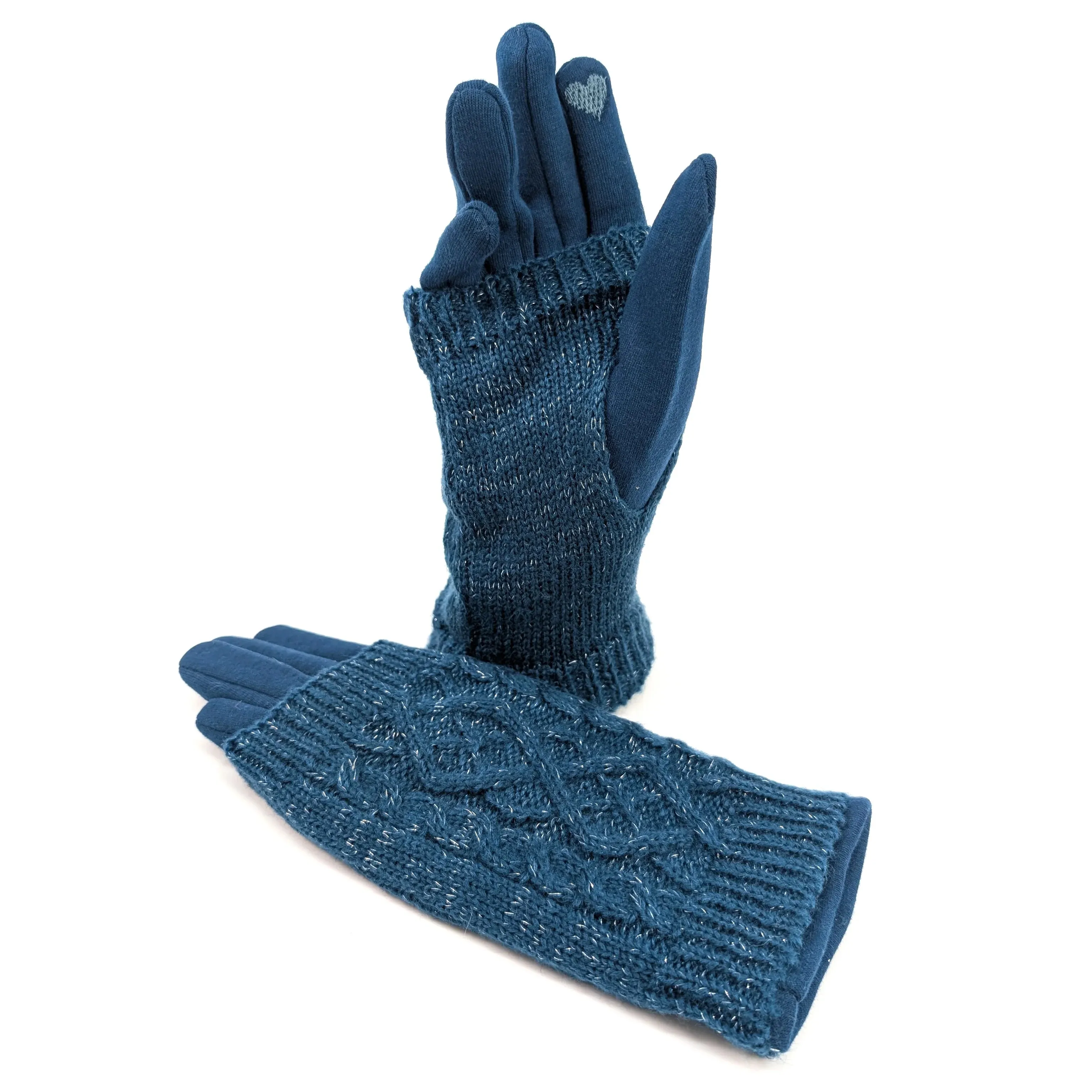 Black Ginger Teal Cable Knit Two in One Sparkle Gloves - 800-597