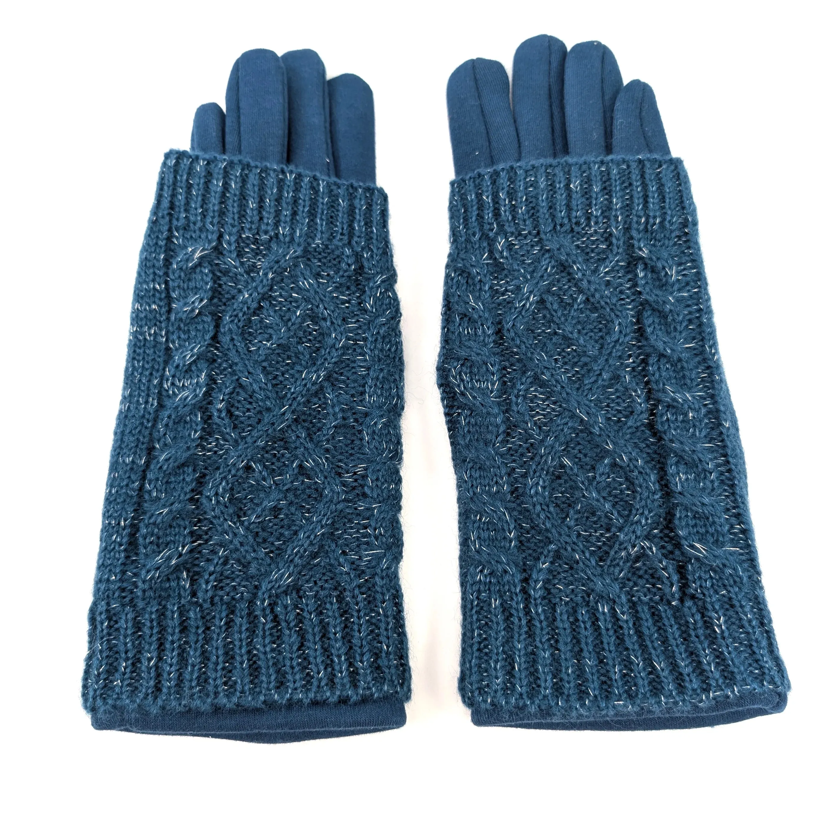 Black Ginger Teal Cable Knit Two in One Sparkle Gloves - 800-597