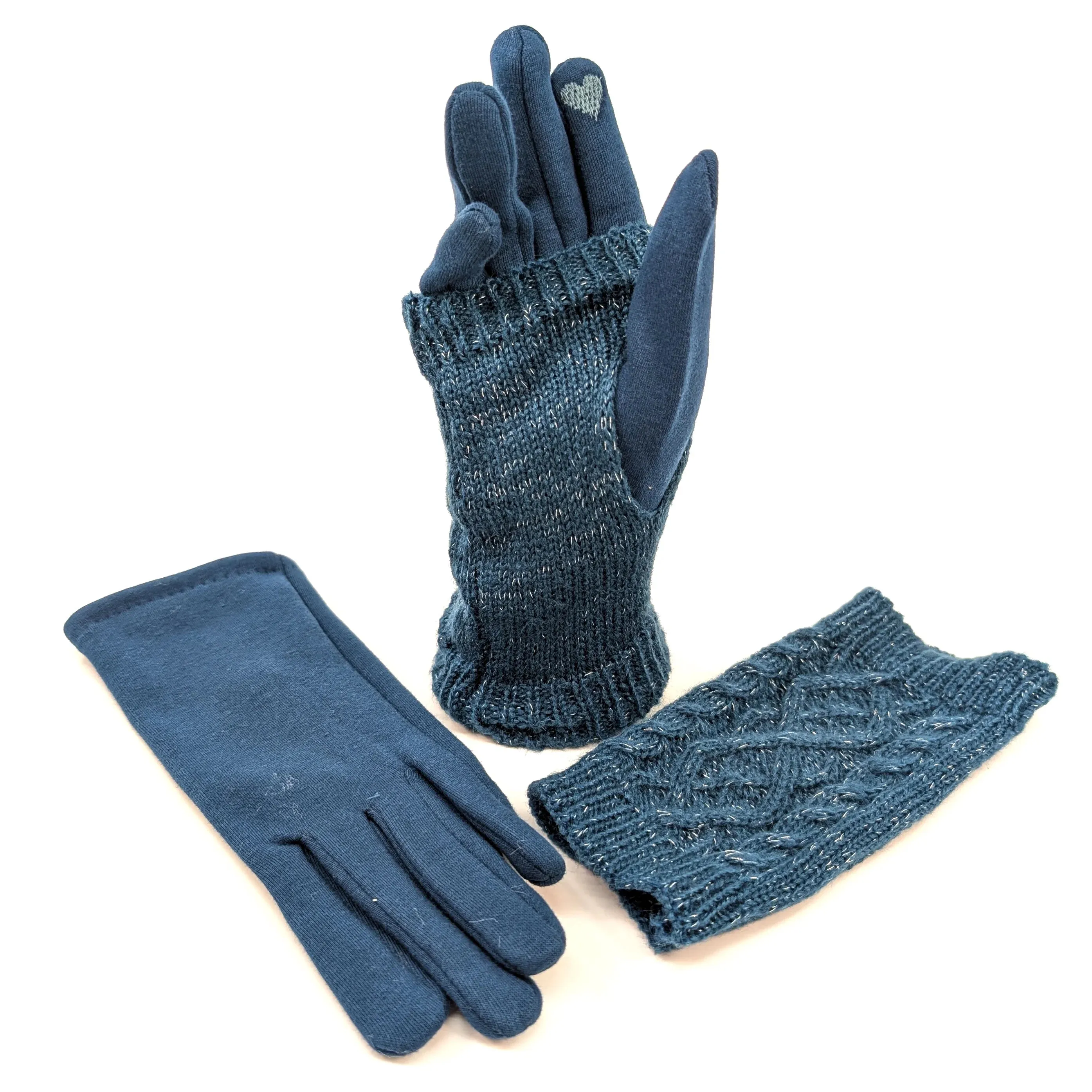 Black Ginger Teal Cable Knit Two in One Sparkle Gloves - 800-597