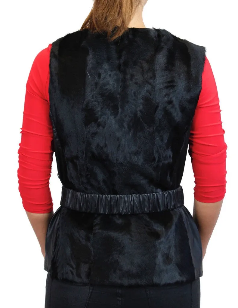 BLACK GOAT & LEATHER VEST W/ LEATHER BELT