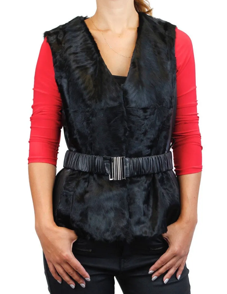 BLACK GOAT & LEATHER VEST W/ LEATHER BELT