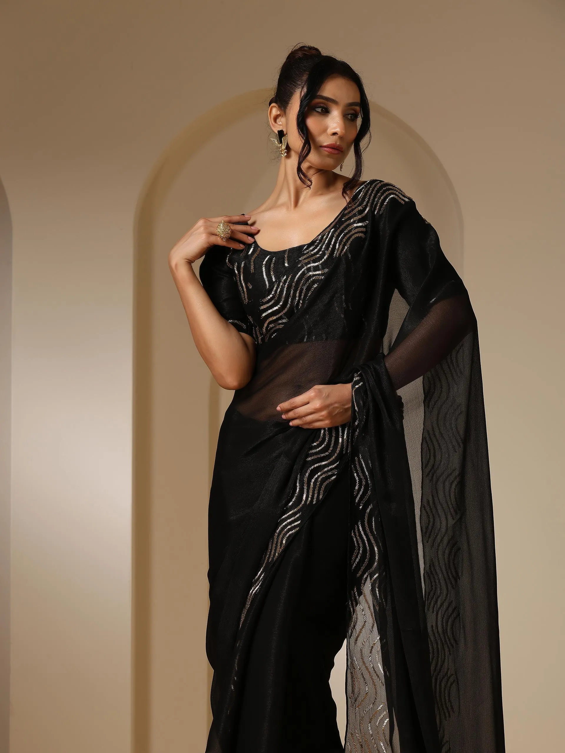 Black Gold Beaded Radiance Shimmer Chiffon Saree with Blouse Fabric with Embroidery