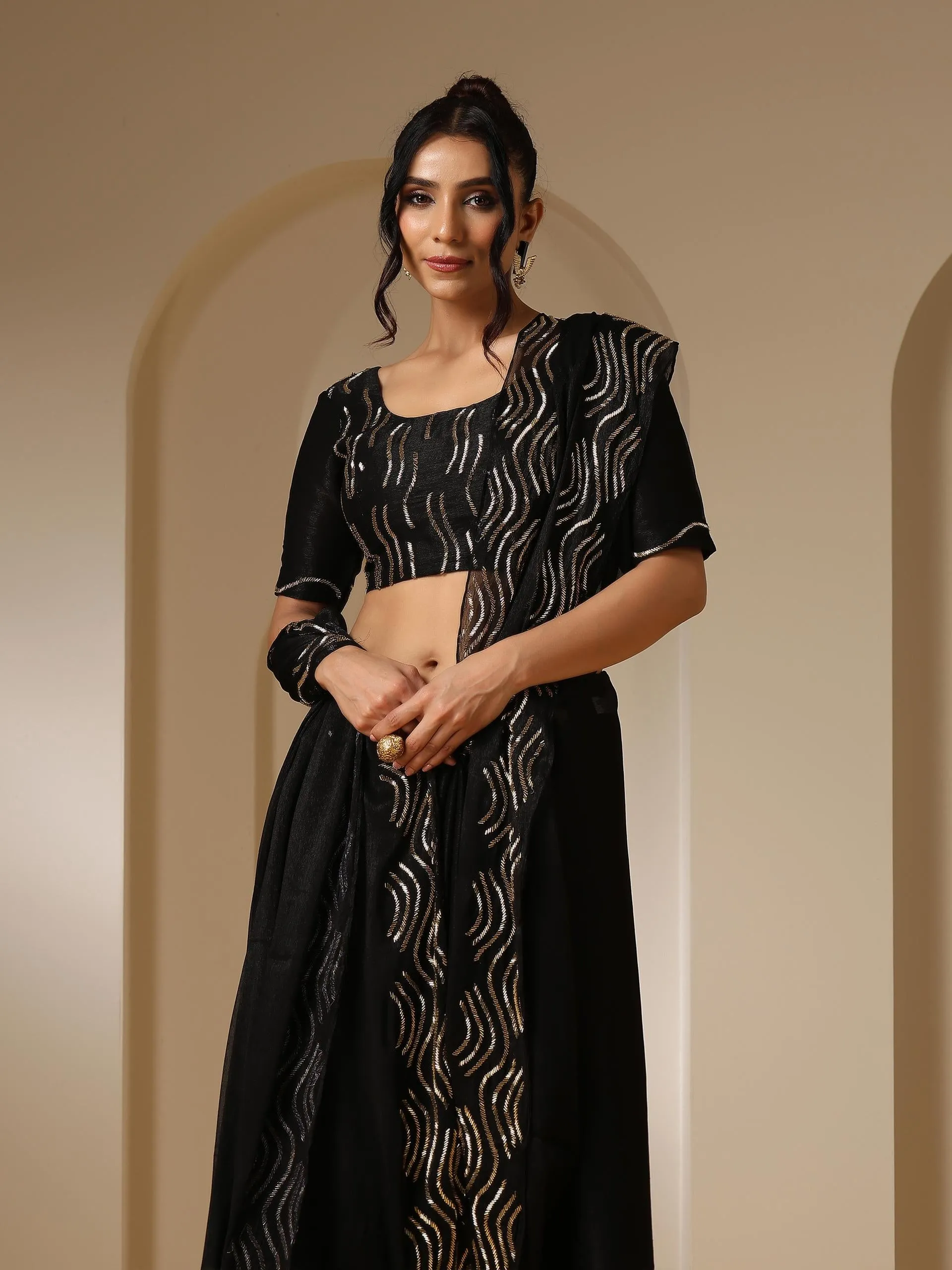 Black Gold Beaded Radiance Shimmer Chiffon Saree with Blouse Fabric with Embroidery