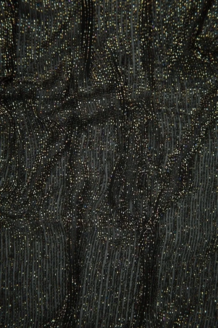 Black Gold Micro Bugle Beads on Silk Georgette Fabric