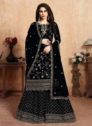 Black Golden Embroidered Designer Sharara Style Suit