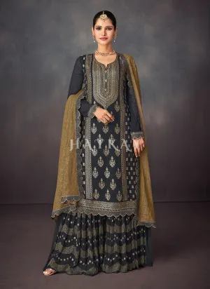 Black Golden Embroidered Sharara Style Suit