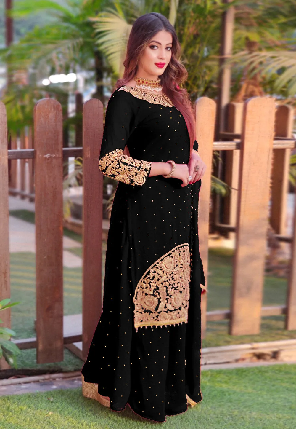 Black Golden Embroidered Sharara Suit