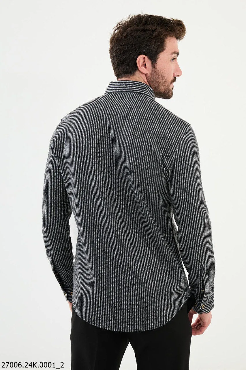 Black-Gray Striped Men's Fall-Winter Shirt.