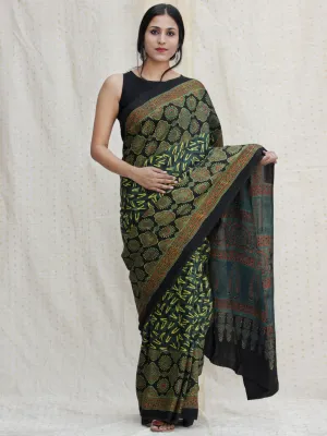 Black Green Red Ajrakh Hand Block Printed Modal Silk Saree - S031704136